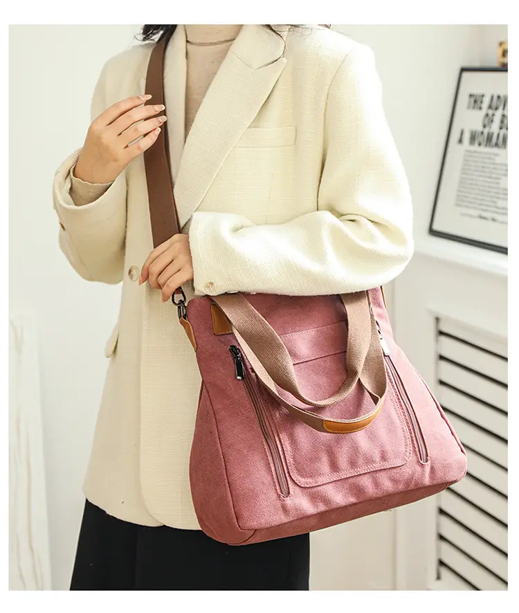 Women's Pink Canvas Shoulder Bag Large Capacity — feature 4