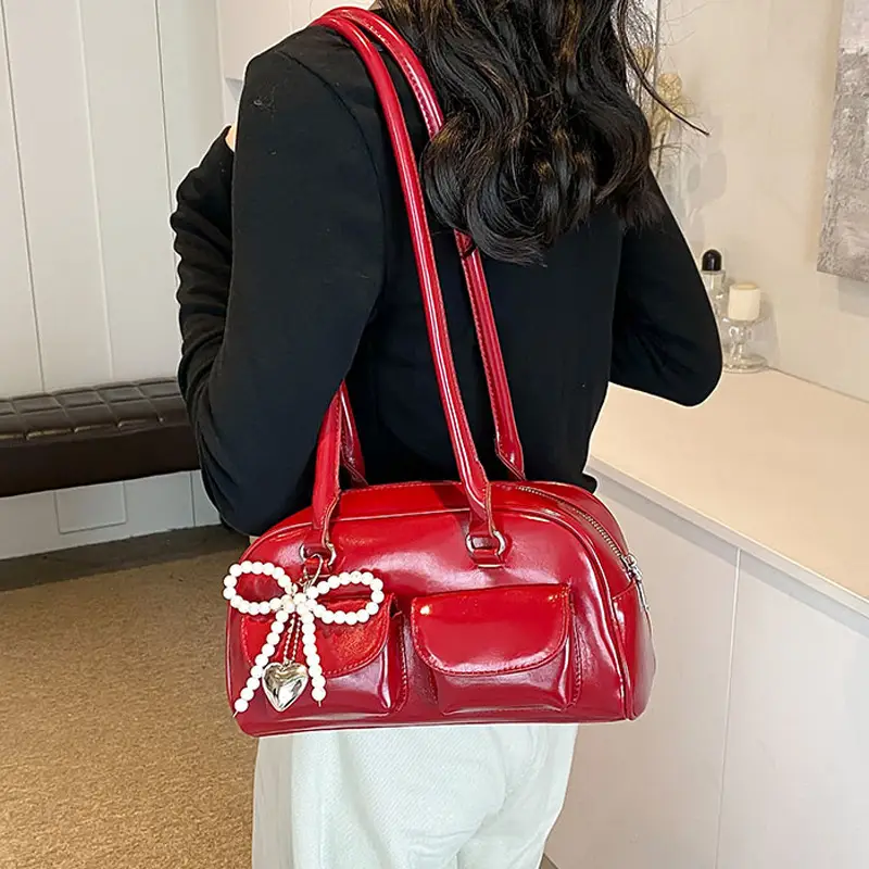 Red Pearl Bow Shoulder Bag for Women - Image 5