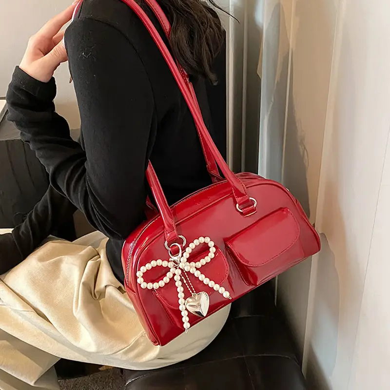 Red Pearl Bow Shoulder Bag for Women - Image 6