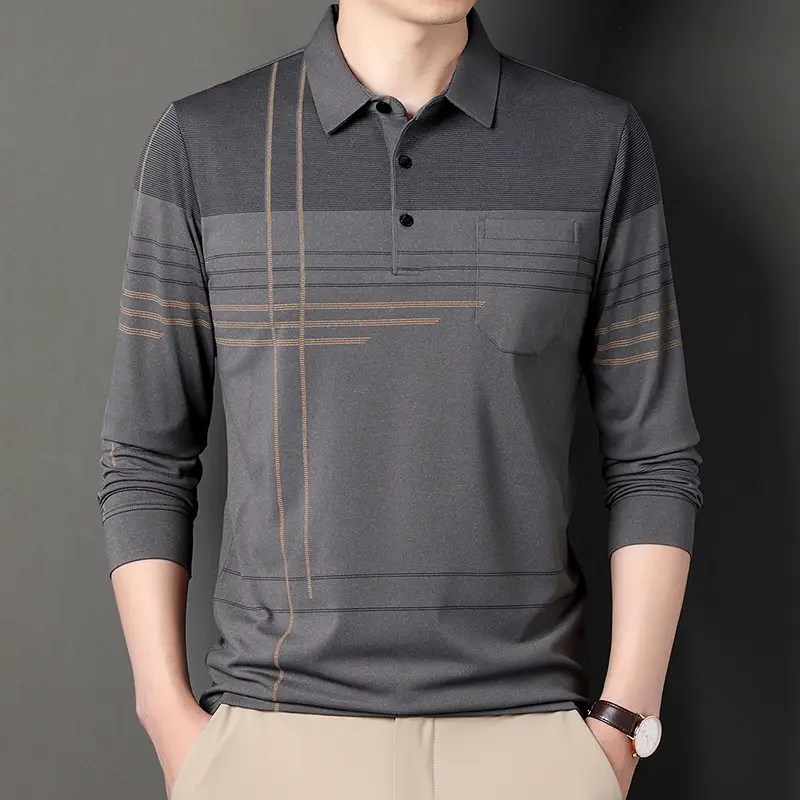 Men Grey Striped Polo Shirt with Real Flap Pocket - Image 7