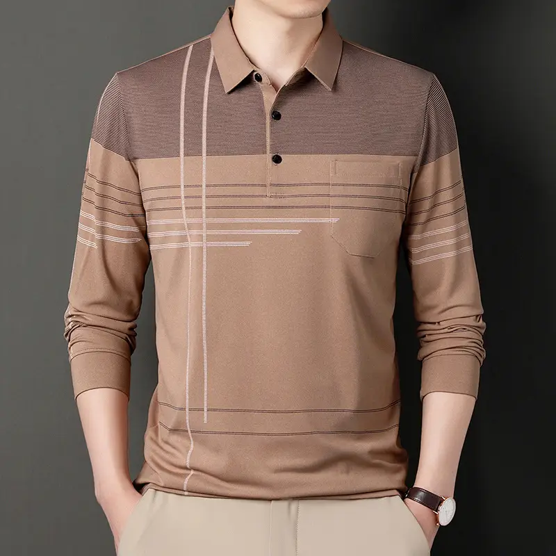 Men Grey Striped Polo Shirt with Real Flap Pocket - Image 2