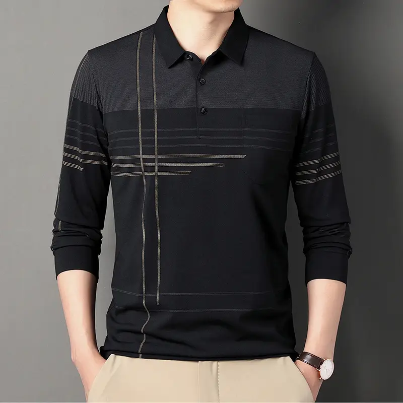 Men Grey Striped Polo Shirt with Real Flap Pocket - Image 5