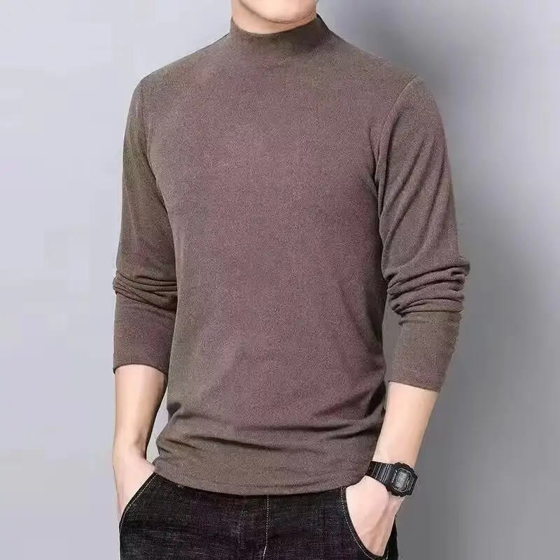 Men Velvet Turtleneck Long Sleeve Dark Brown
