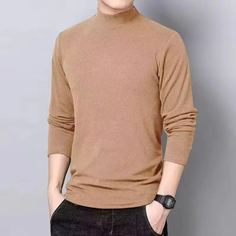 Men Velvet Turtleneck Long Sleeve Dark Brown