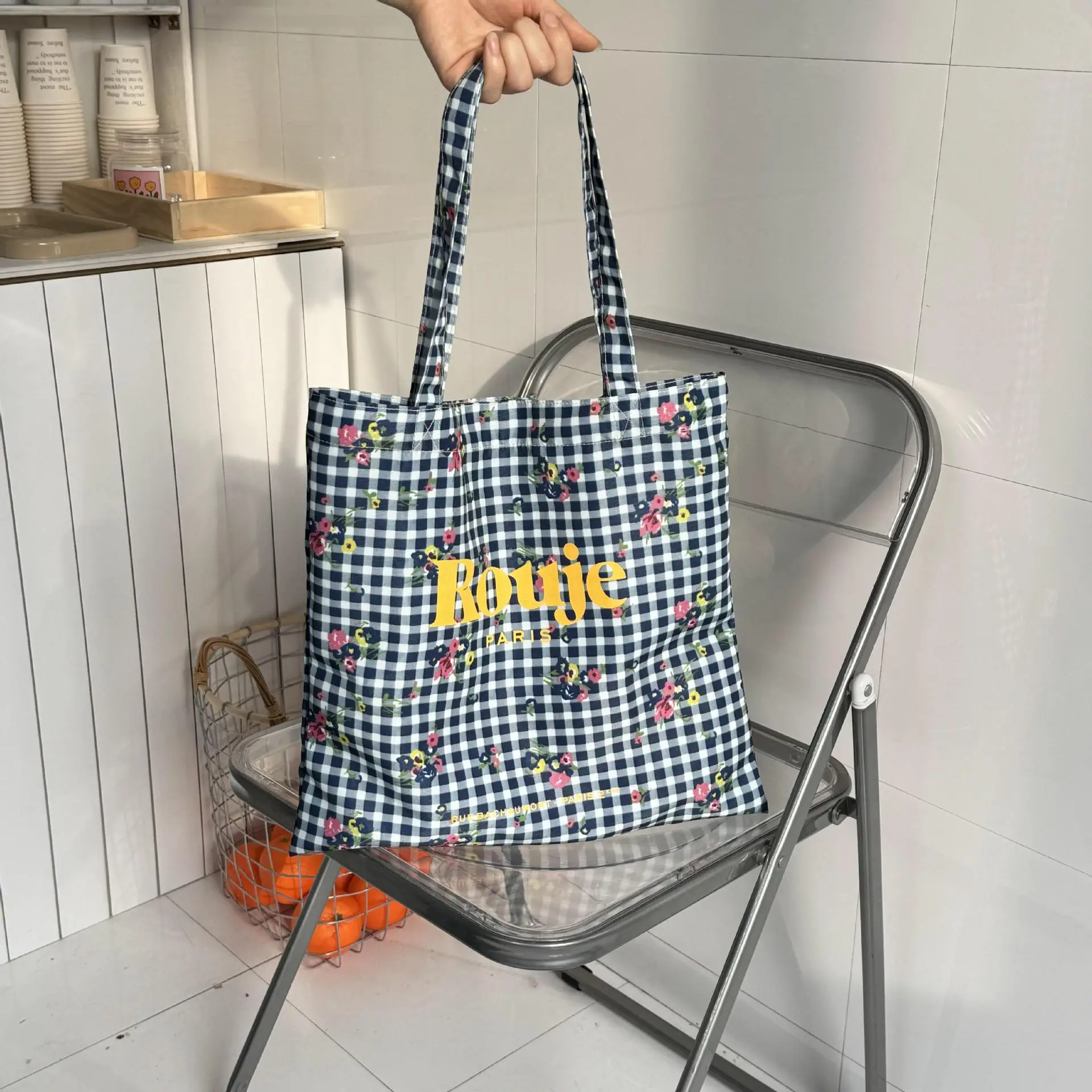 2024 Floral Canvas Shoulder Bag Blue Plaid Design - Image 10
