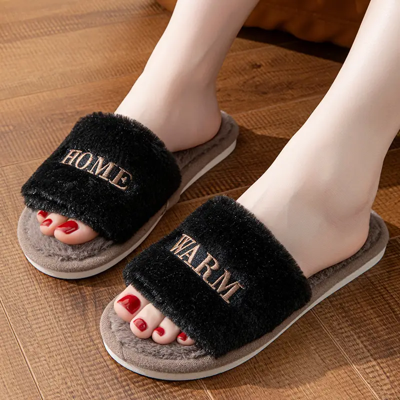 New Winter Indoor and Outdoor Plush Warm One-Word Cotton Slippers for Women Creative Stylish Embroidered Soft-Soled Confinement Shoes Autumn