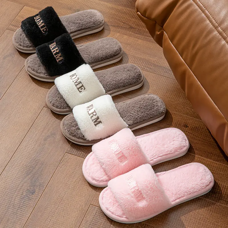 New Winter Indoor and Outdoor Plush Warm One-Word Cotton Slippers for Women Creative Stylish Embroidered Soft-Soled Confinement Shoes Autumn