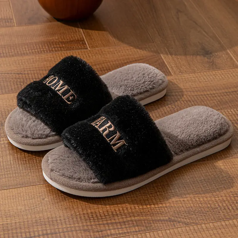New Winter Indoor and Outdoor Plush Warm One-Word Cotton Slippers for Women Creative Stylish Embroidered Soft-Soled Confinement Shoes Autumn