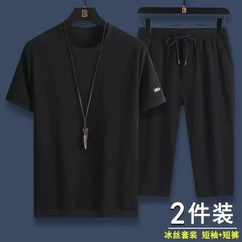 Men Ice Silk Short Sleeve T-Shirt & Pants Set Black 2024 - Image 4