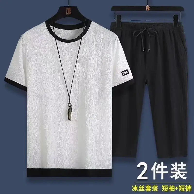Men Ice Silk Short Sleeve T-Shirt & Pants Set Black 2024 - Image 2