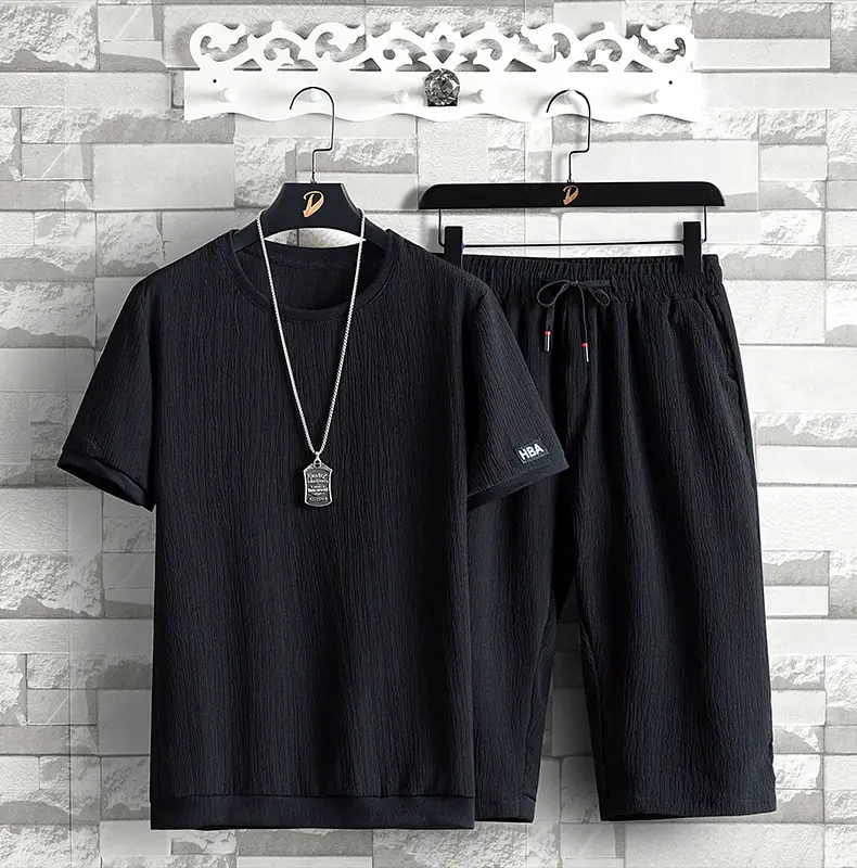 Men Ice Silk Short Sleeve T-Shirt & Pants Set Black 2024 — feature 5