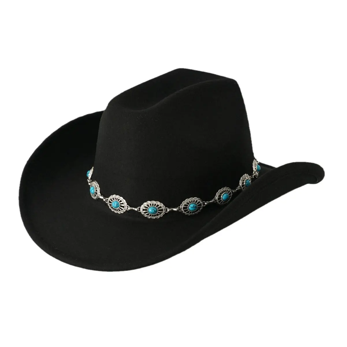 Black Turquoise Belted Cowboy Hat for Men Women - Image 14