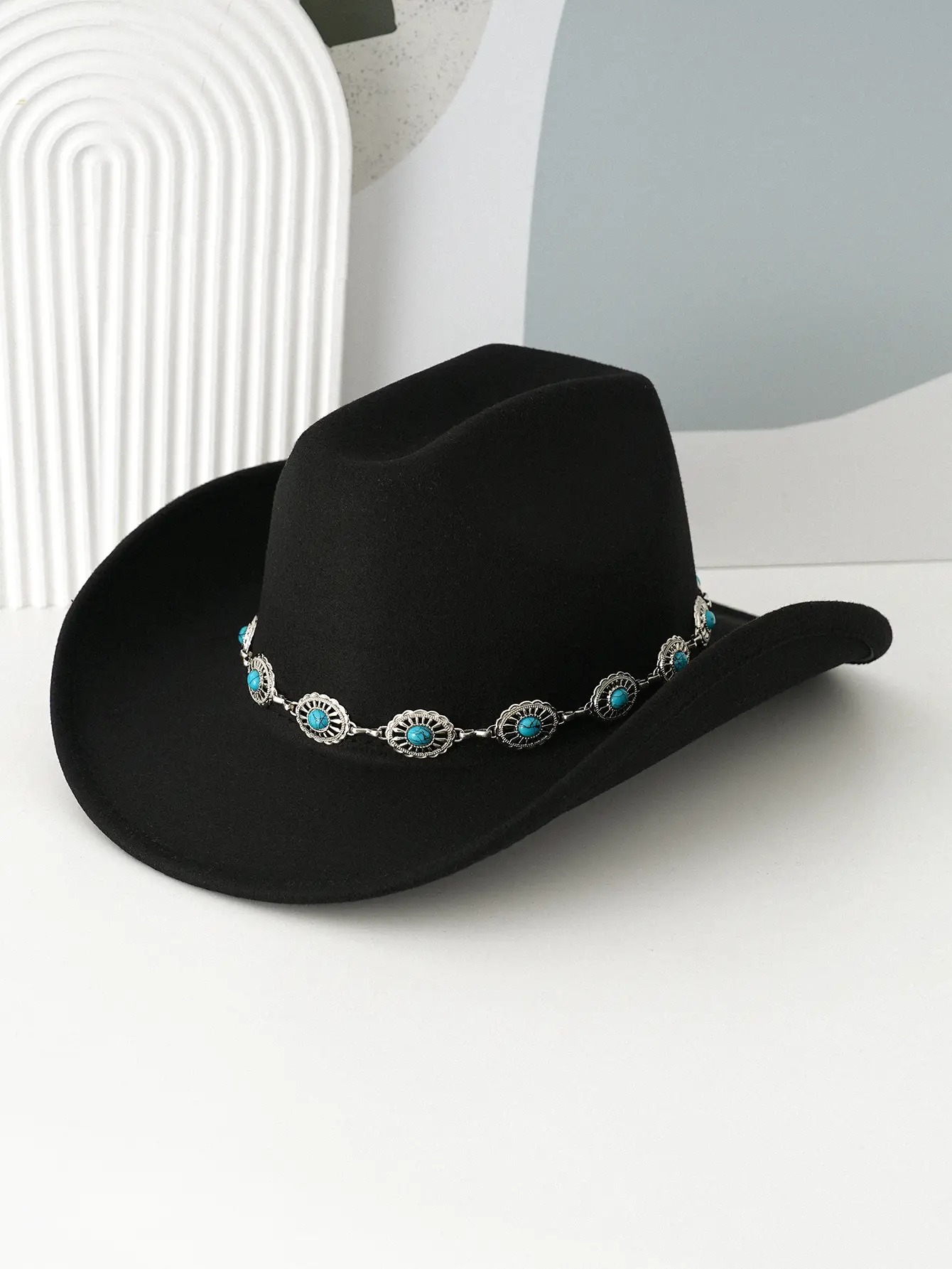 Black Turquoise Belted Cowboy Hat for Men Women - Image 2