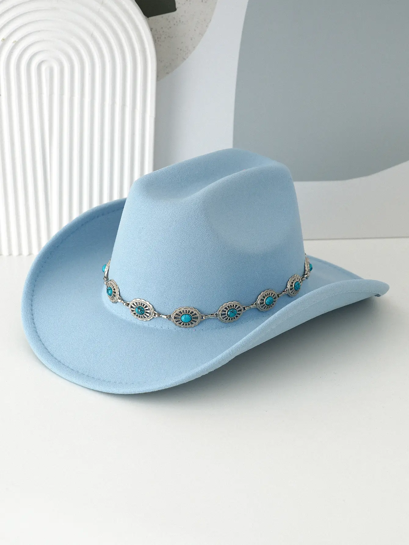 Black Turquoise Belted Cowboy Hat for Men Women - Image 9