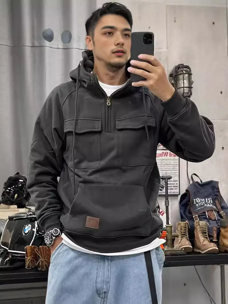Men Maroon Hooded Zipper Sweatshirt Multi Pocket Motorcycle Jacket - Image 11