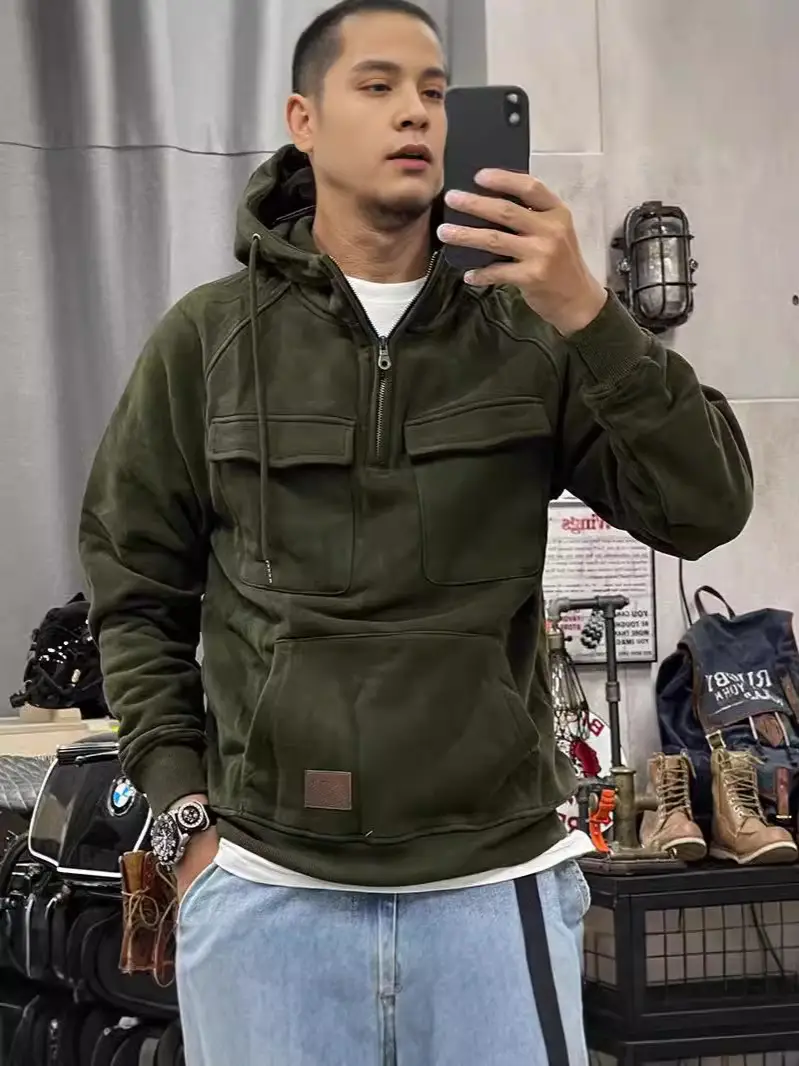 Men Maroon Hooded Zipper Sweatshirt Multi Pocket Motorcycle Jacket - Image 12