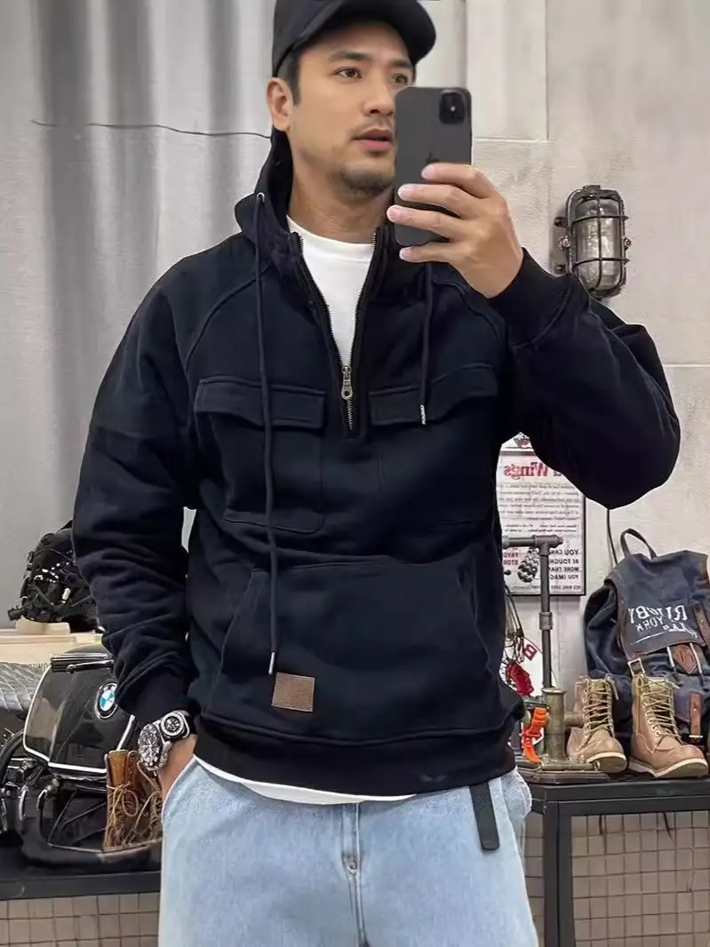 Men Maroon Hooded Zipper Sweatshirt Multi Pocket Motorcycle Jacket - Image 13
