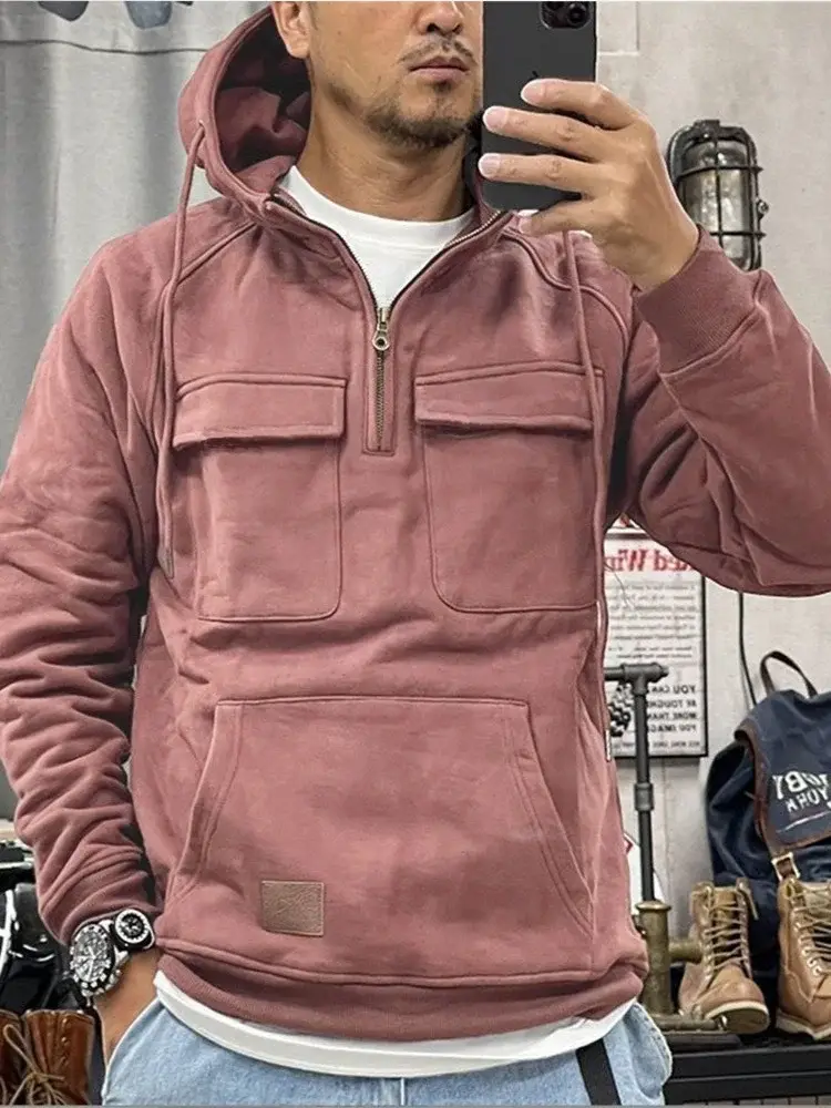 Men Maroon Hooded Zipper Sweatshirt Multi Pocket Motorcycle Jacket — feature 1