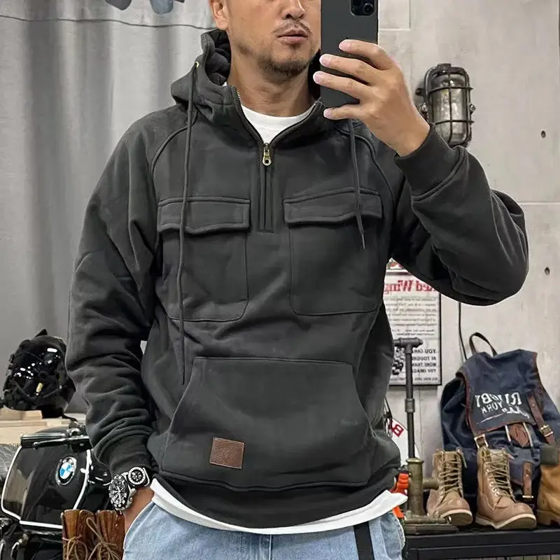 Men Maroon Hooded Zipper Sweatshirt Multi Pocket Motorcycle Jacket — feature 11