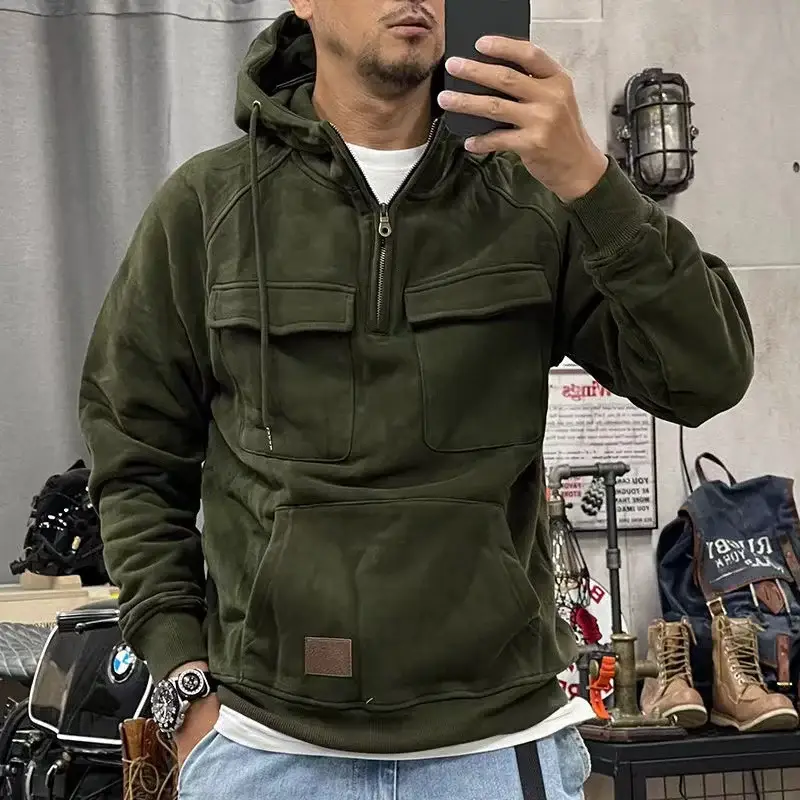 Men Maroon Hooded Zipper Sweatshirt Multi Pocket Motorcycle Jacket — feature 12