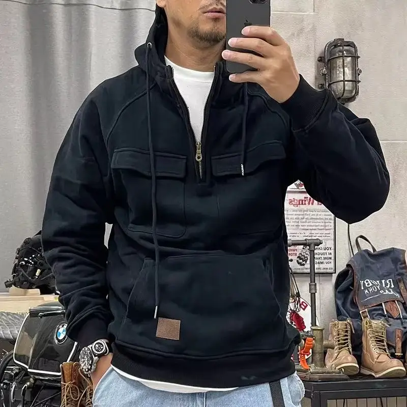 Men Maroon Hooded Zipper Sweatshirt Multi Pocket Motorcycle Jacket — feature 13