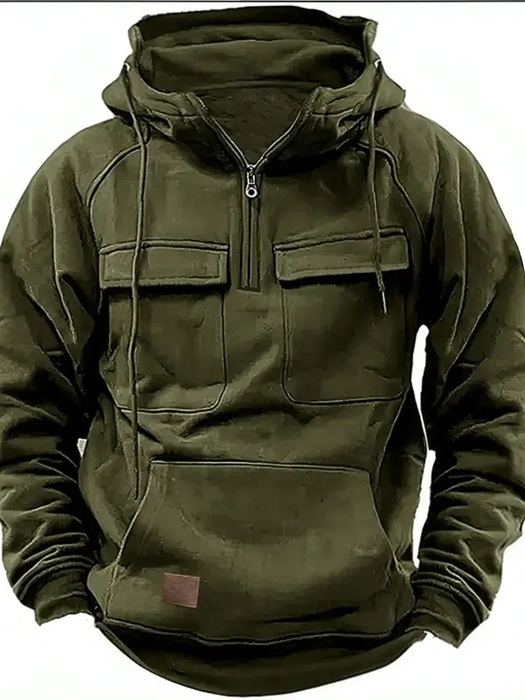 Men Maroon Hooded Zipper Sweatshirt Multi Pocket Motorcycle Jacket — feature 3