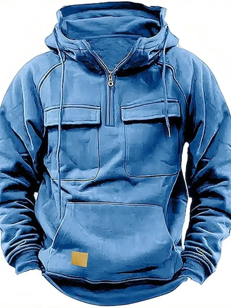 Men Maroon Hooded Zipper Sweatshirt Multi Pocket Motorcycle Jacket — feature 4