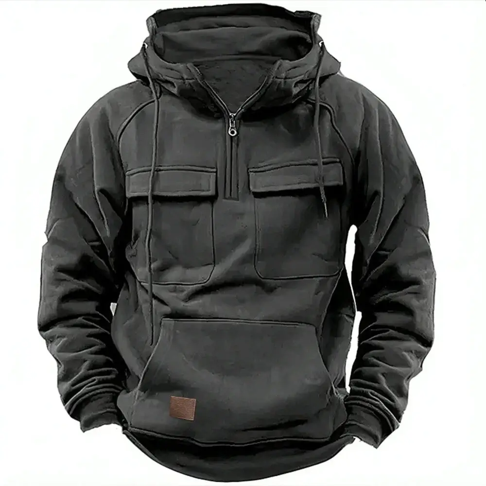 Men Maroon Hooded Zipper Sweatshirt Multi Pocket Motorcycle Jacket — feature 5
