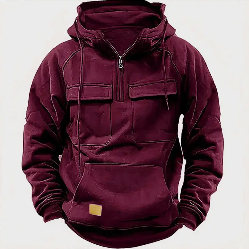 Men Maroon Hooded Zipper Sweatshirt Multi Pocket Motorcycle Jacket — feature 6