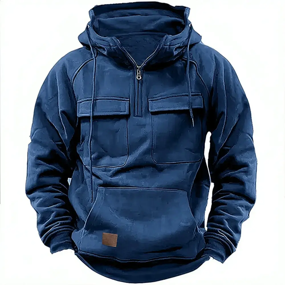 Men Maroon Hooded Zipper Sweatshirt Multi Pocket Motorcycle Jacket — feature 7