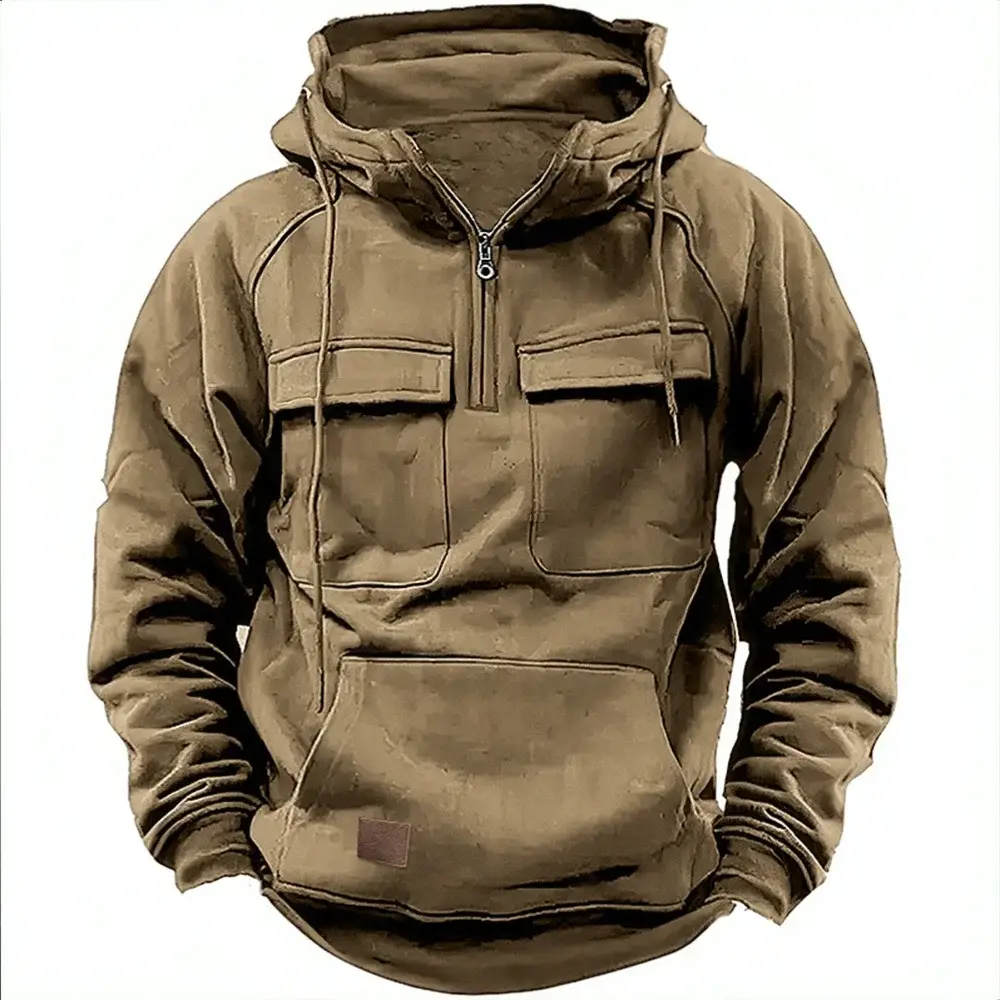 Men Maroon Hooded Zipper Sweatshirt Multi Pocket Motorcycle Jacket — feature 8