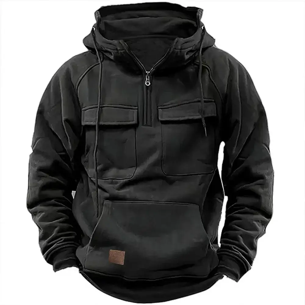 Men Maroon Hooded Zipper Sweatshirt Multi Pocket Motorcycle Jacket — feature 9