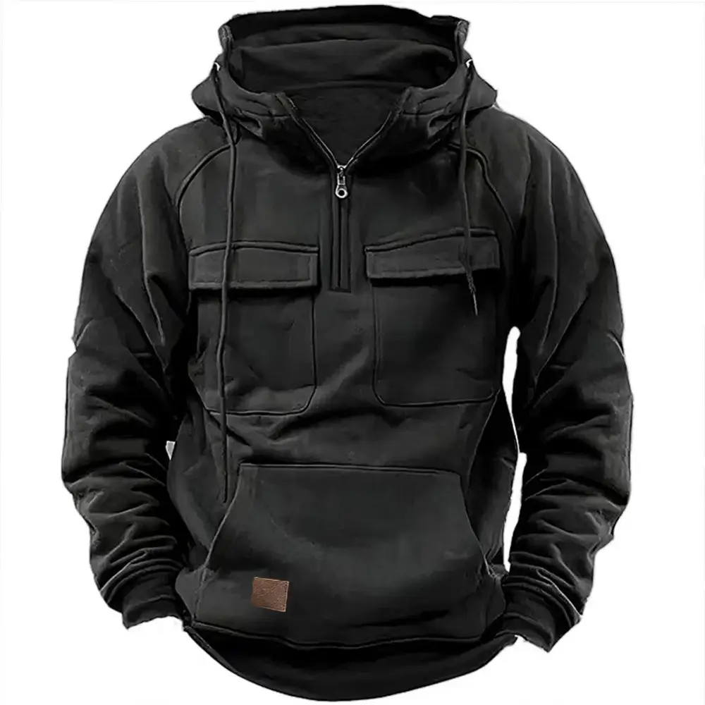 Men Maroon Hooded Zipper Sweatshirt Multi Pocket Motorcycle Jacket - Image 2