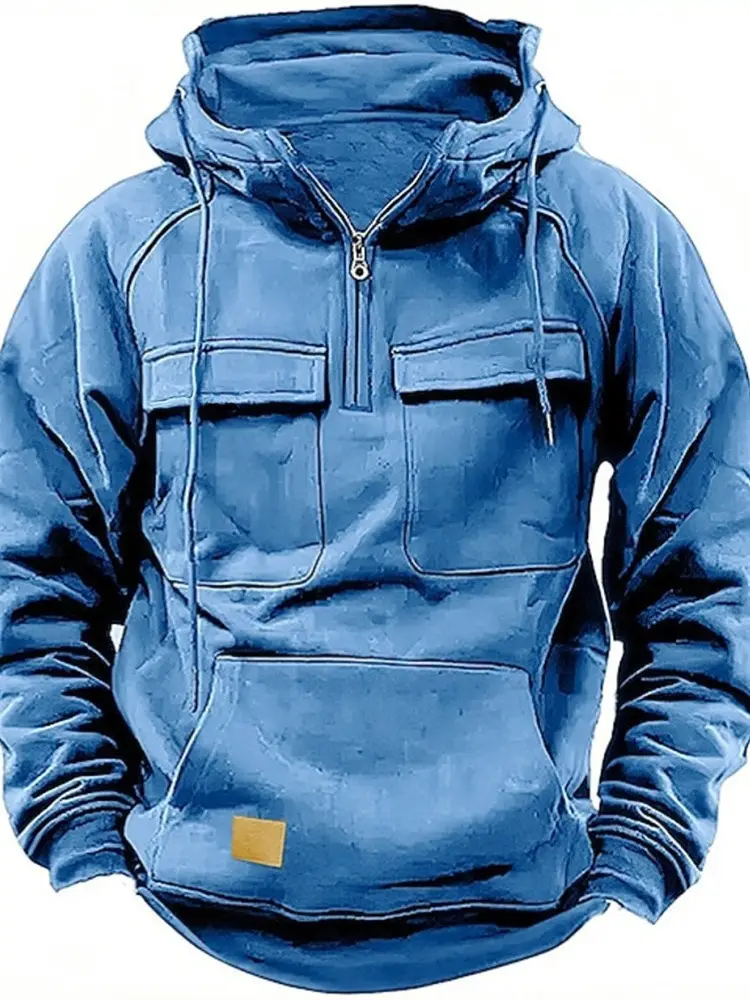 Men Maroon Hooded Zipper Sweatshirt Multi Pocket Motorcycle Jacket - Image 3