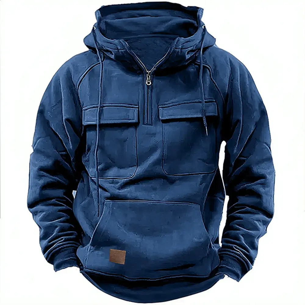 Men Maroon Hooded Zipper Sweatshirt Multi Pocket Motorcycle Jacket - Image 4