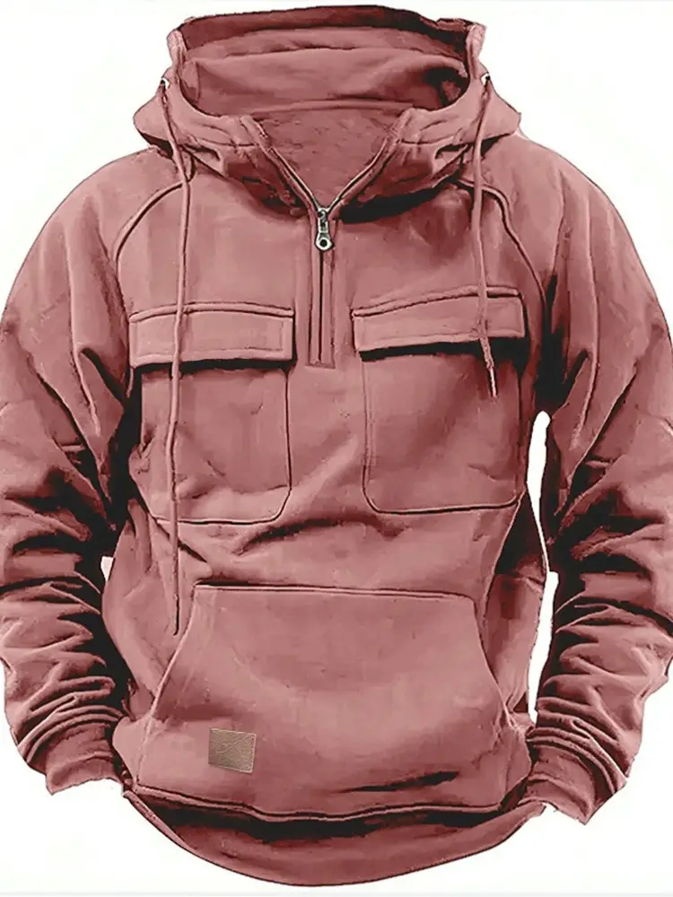 Men Maroon Hooded Zipper Sweatshirt Multi Pocket Motorcycle Jacket - Image 5
