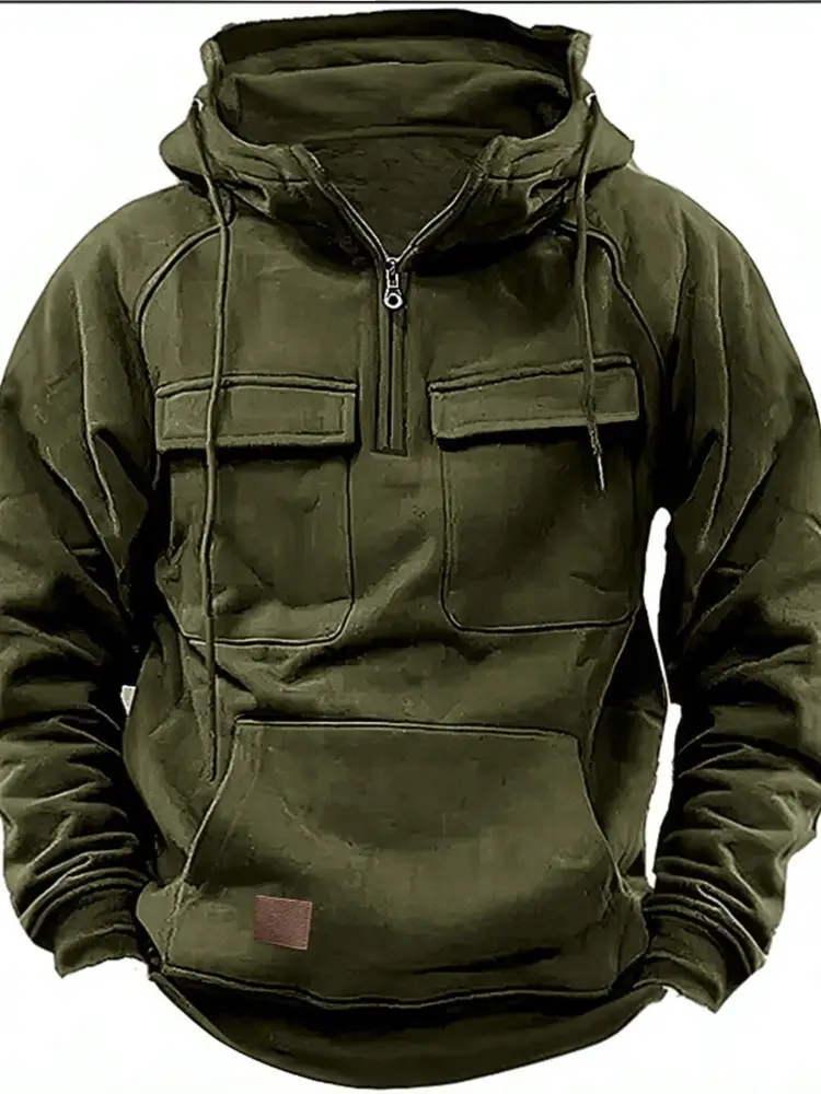 Men Maroon Hooded Zipper Sweatshirt Multi Pocket Motorcycle Jacket - Image 6