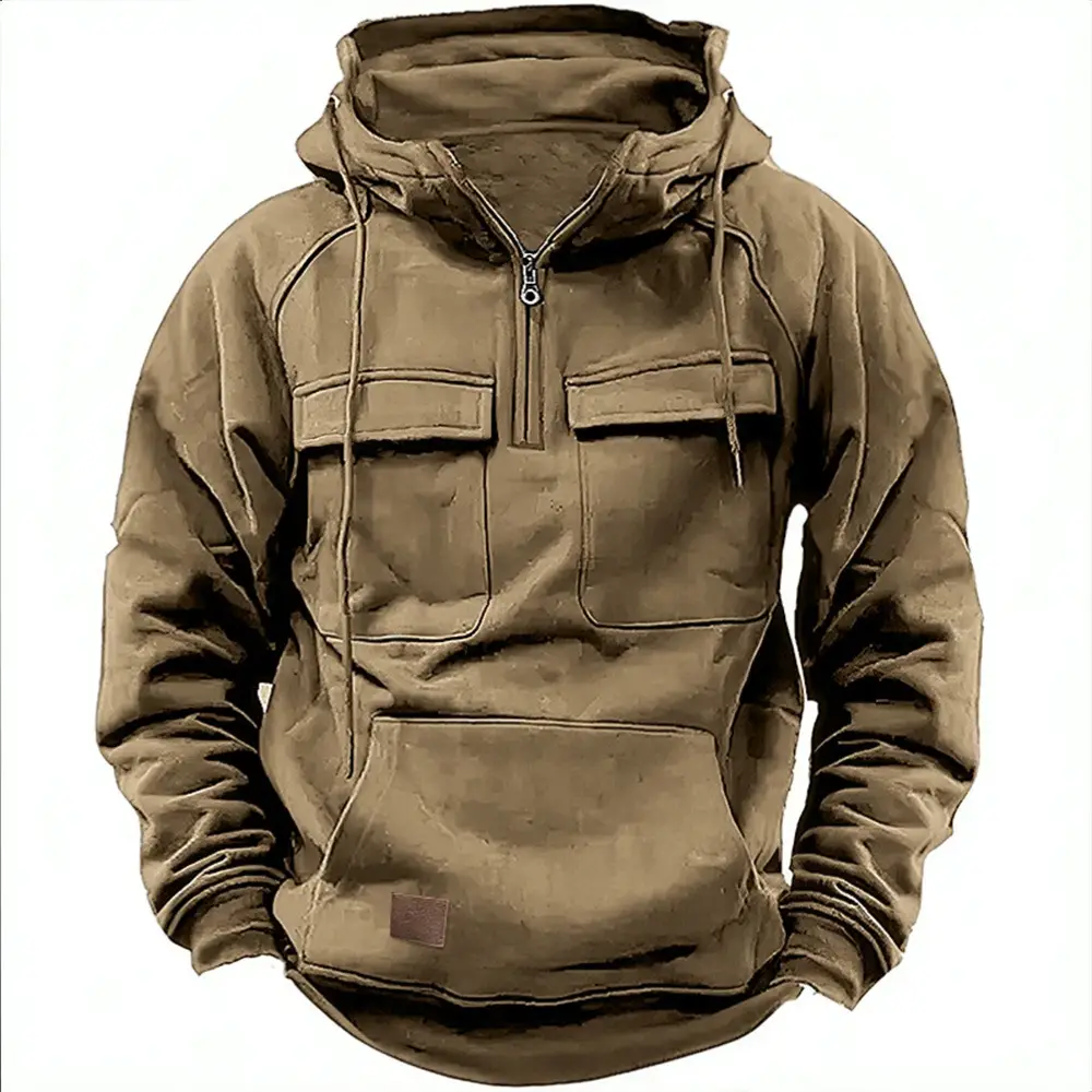 Men Maroon Hooded Zipper Sweatshirt Multi Pocket Motorcycle Jacket - Image 7