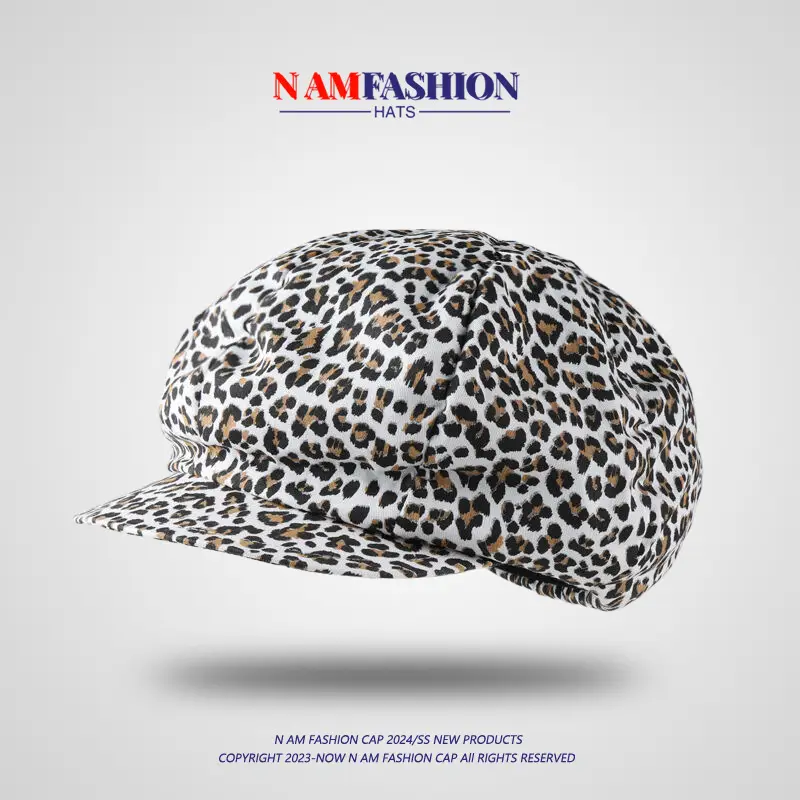 Women Leopard Print Octagonal Cap Blue Interior - Image 4