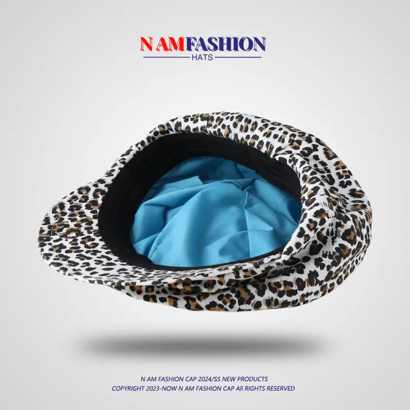 Women Leopard Print Octagonal Cap Blue Interior - Image 5