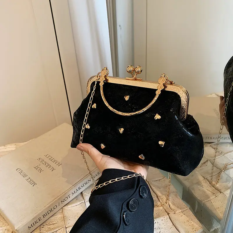 Black Velvet Buckle Shoulder Bag with Gold Chain - Image 6