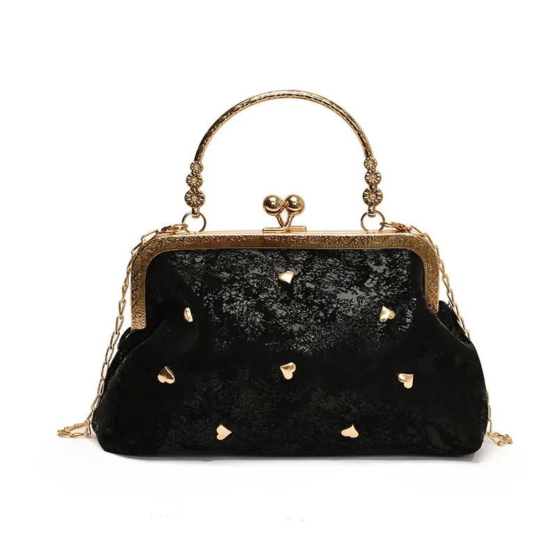 Black Velvet Buckle Shoulder Bag with Gold Chain - Image 8