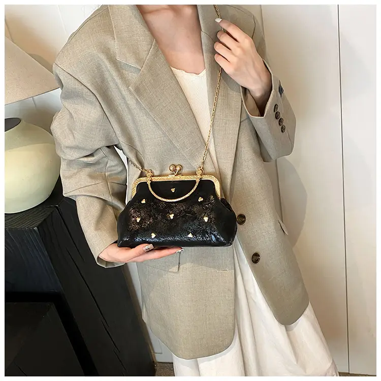 Black Velvet Buckle Shoulder Bag with Gold Chain — feature 10