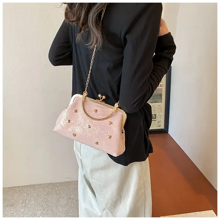 Black Velvet Buckle Shoulder Bag with Gold Chain — feature 14