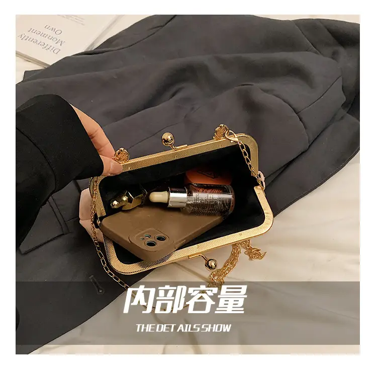 Black Velvet Buckle Shoulder Bag with Gold Chain — feature 2