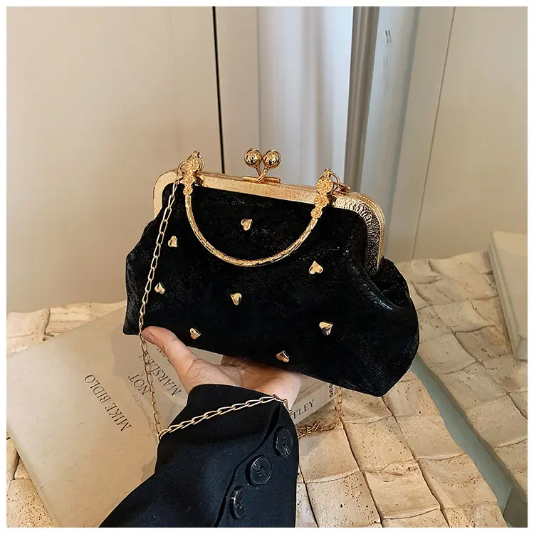 Black Velvet Buckle Shoulder Bag with Gold Chain — feature 21