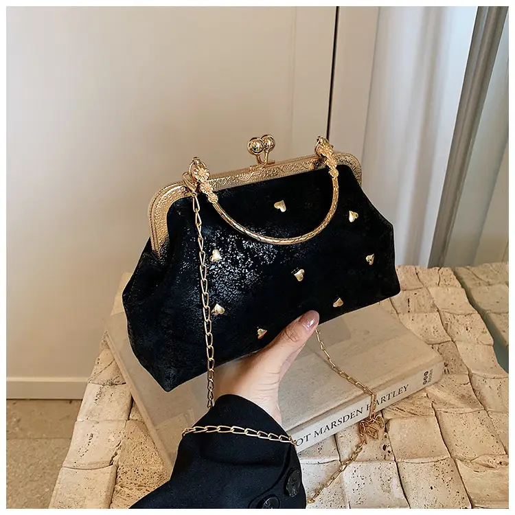 Black Velvet Buckle Shoulder Bag with Gold Chain — feature 22