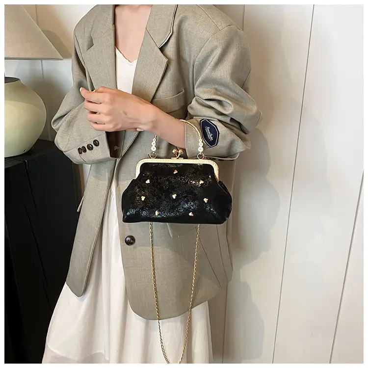 Black Velvet Buckle Shoulder Bag with Gold Chain — feature 7