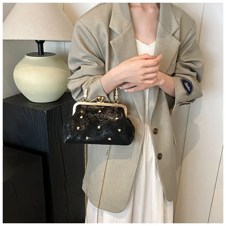 Black Velvet Buckle Shoulder Bag with Gold Chain — feature 8