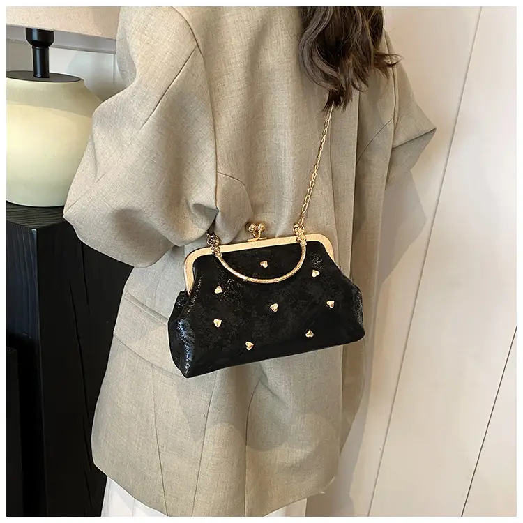 Black Velvet Buckle Shoulder Bag with Gold Chain — feature 9
